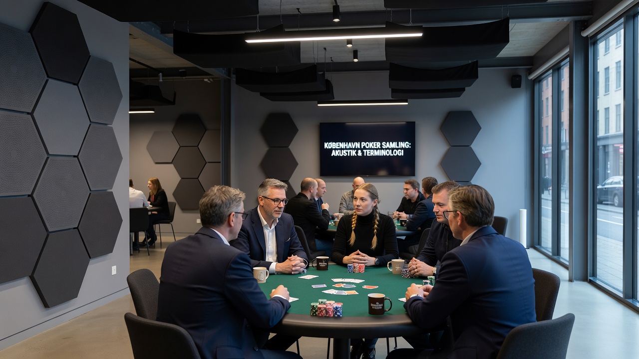 Spillere omkring et bord i et akustisk optimeret lokale med noter og chips